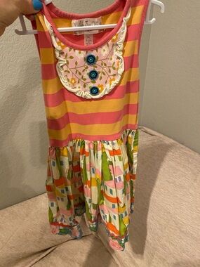 Matilda Jane Pink and Yellow Striped Dress with Floral Skirt
